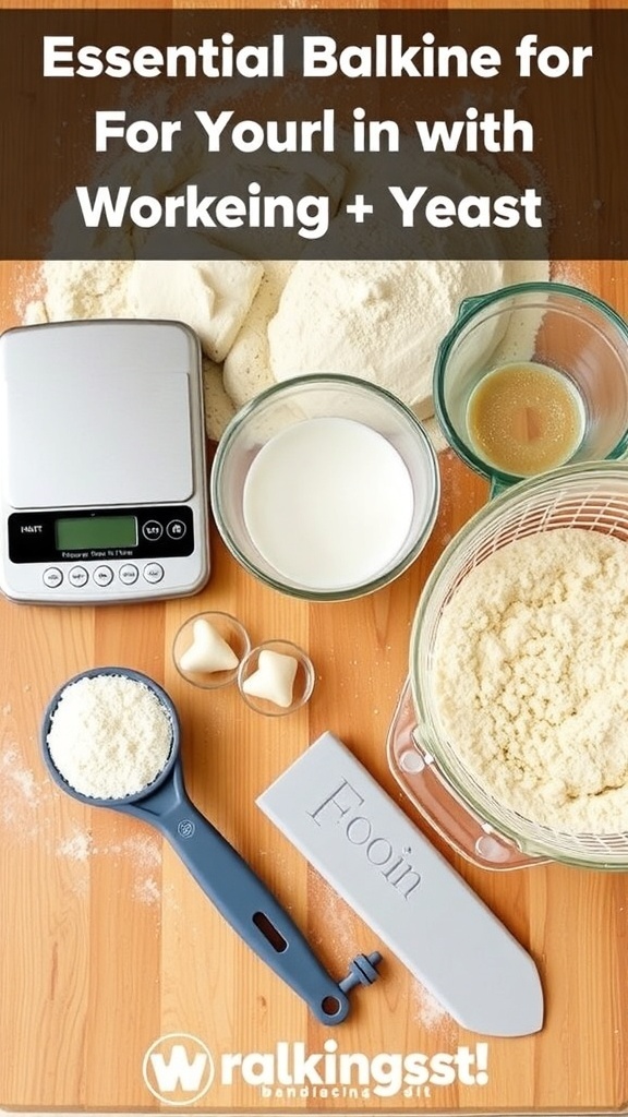 Essential Yeast Tools for Baking Essential yeast baking tools including scale, measuring cups, mixing bowls, and proofing basket on a wooden countertop.